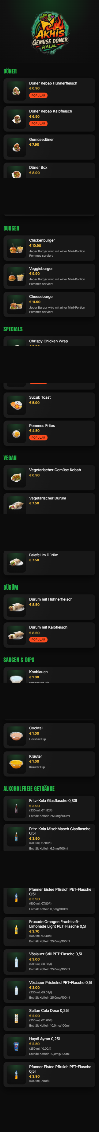 Mobile Ansicht der Akhis Gemüse Döner-Website